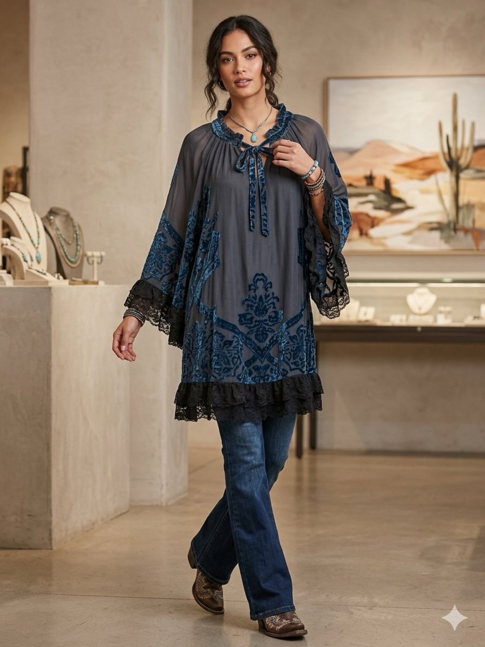 Rancho Estancia Witchy Whimsygoth Fairy Burnout Velvet Lace Hem Mini Dresss